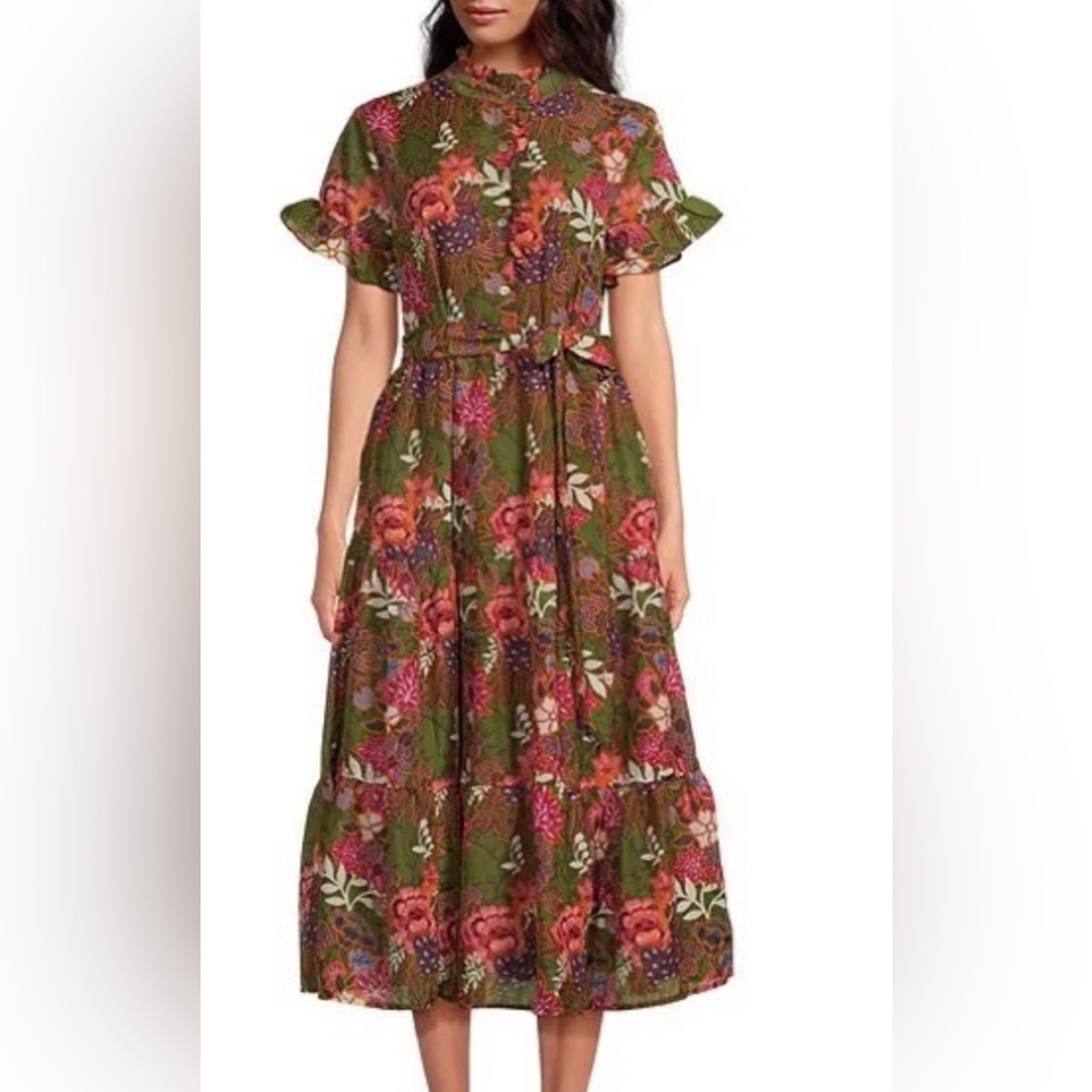 Elegant Floral Maxi Dress in Green and Pink